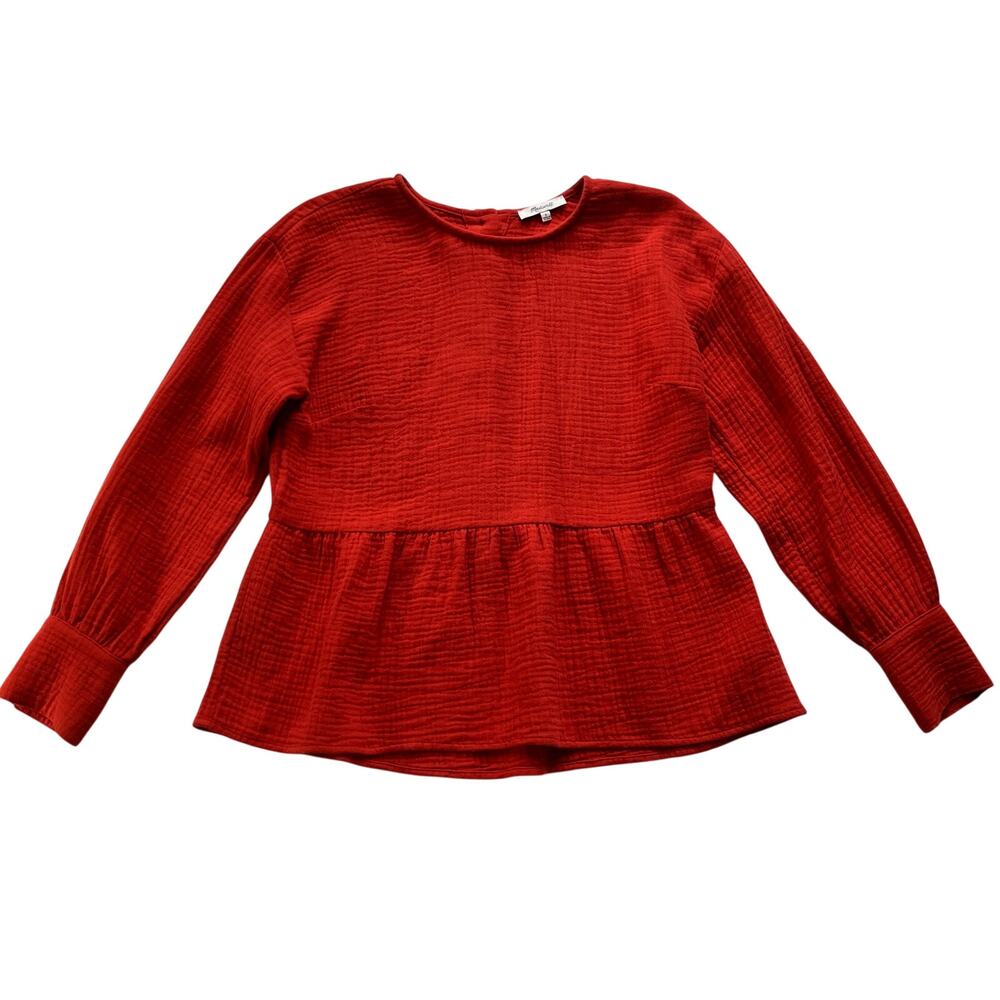 Madewell Cotton Gauze Button Back Peplum Top Size Small Red Cottagecore